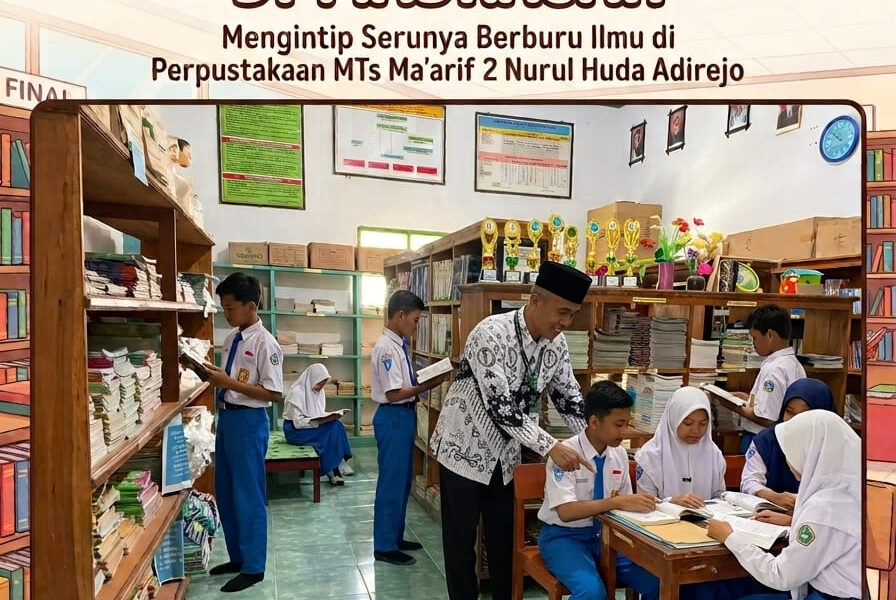Poster Literasi Madrasah: Mengintip Serunya Berburu Ilmu di Perpustakaan MTs Ma'arif 2 Nurul Huda Adirejo lengkap dengan logo resmi madrasah.
