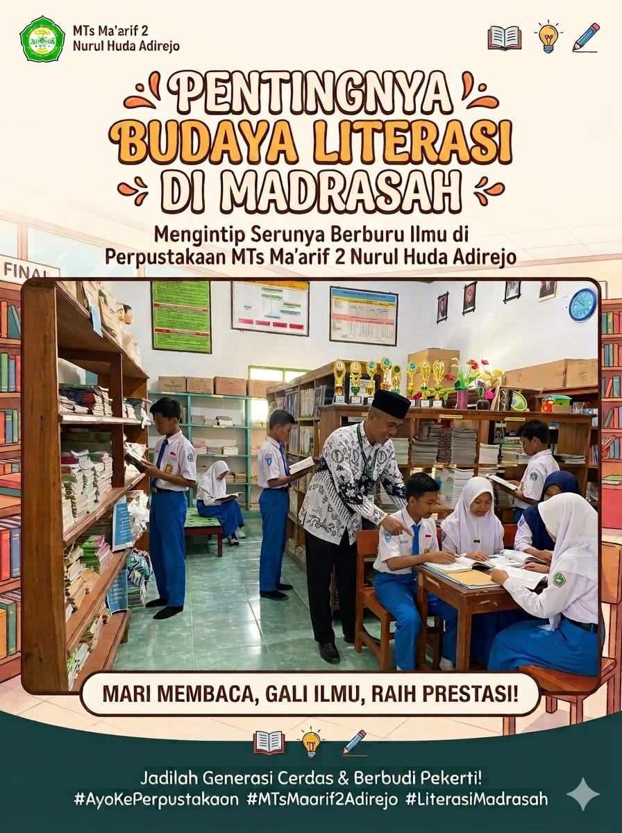 Poster Literasi Madrasah: Mengintip Serunya Berburu Ilmu di Perpustakaan MTs Ma'arif 2 Nurul Huda Adirejo lengkap dengan logo resmi madrasah.
