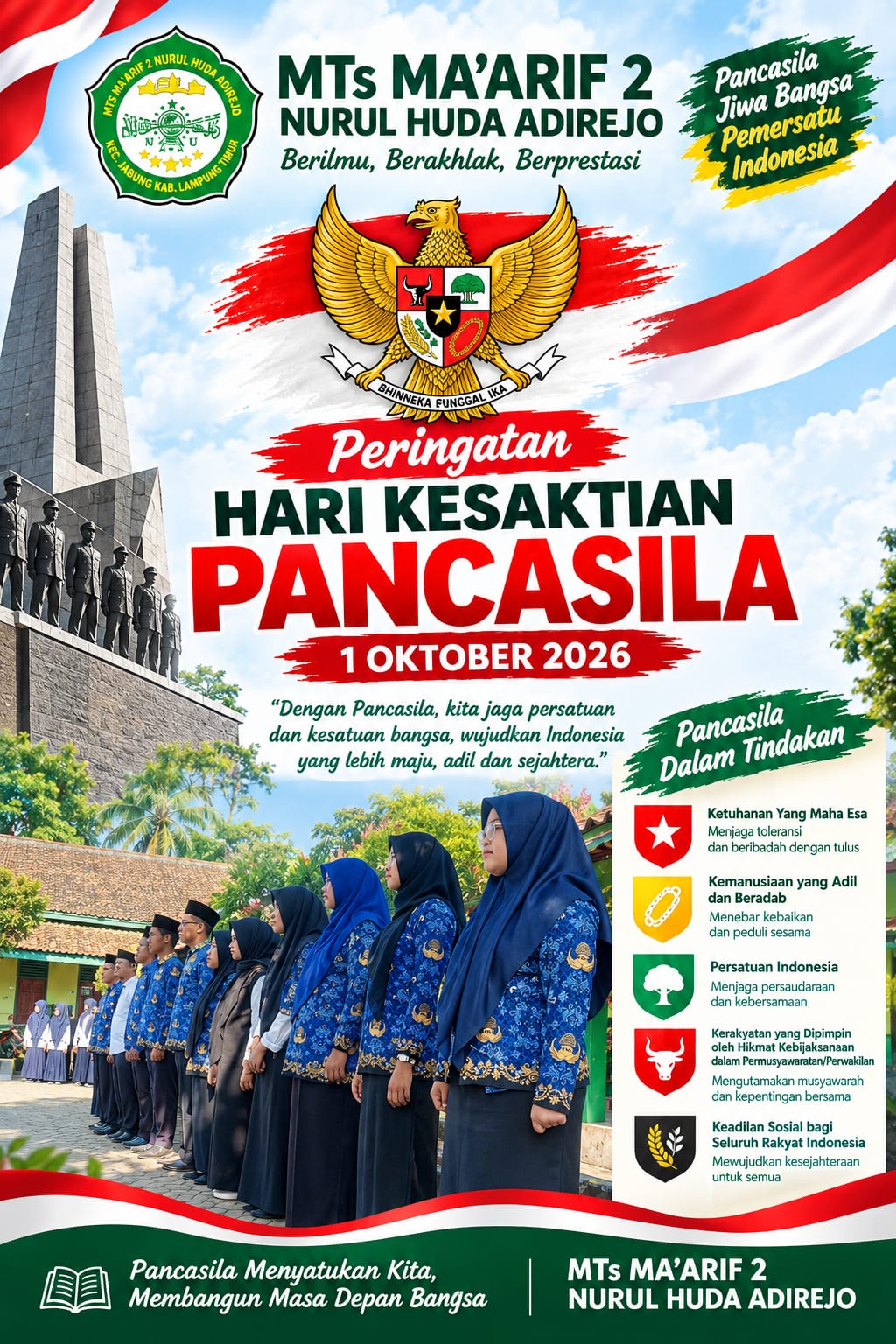"Pelajar MTs Ma'arif 2 Nurul Huda Adirejo mengamalkan nilai Pancasila".
